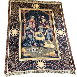Vintage Tapestry Throw with Nativity Scene Fringed Trim 46X64”